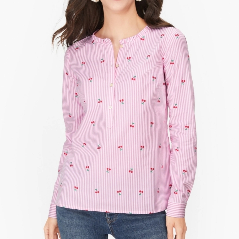 Talbots 100% Cotton Pink & White Stripe Cherry Jacquard Popover Long Sleeve Top